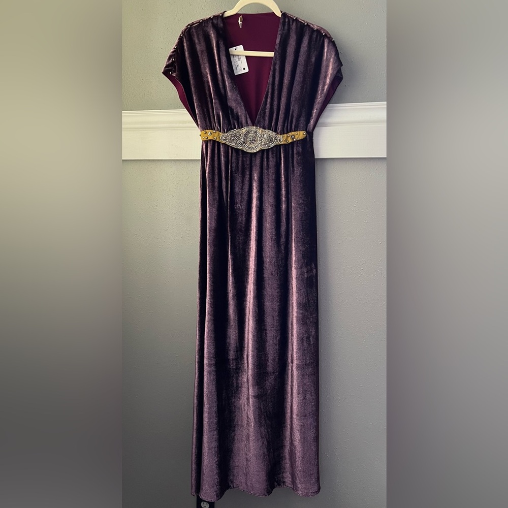Amen Velvet Couture Maxi Dress In Mauve Size 40 IT With Stone Embellishments New